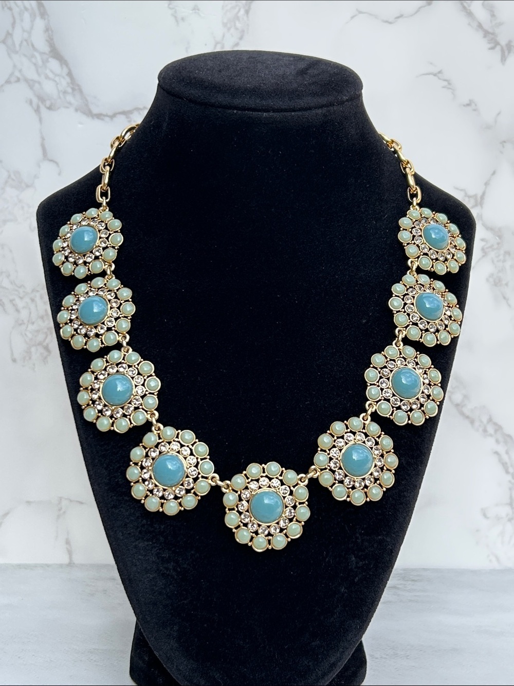 J.Crew statement necklace featuring aqua-mint green cabochons and clear crystals